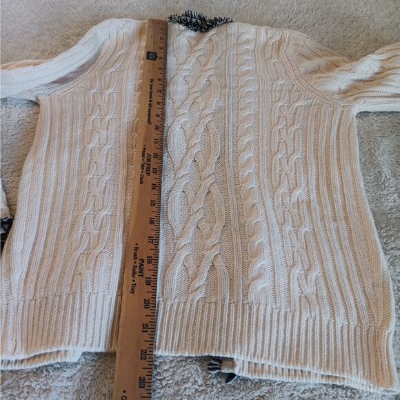 Chanel Cardigan Sweater 40 Small Ivory Cable Knit Fringe Trim Cashmere Cotton - Picture 14 of 14
